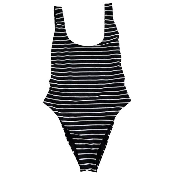 AERIE High Leg Low‎ Back Black/White Stripe One Piece Swimsuit-Size S - Picture 1 of 7